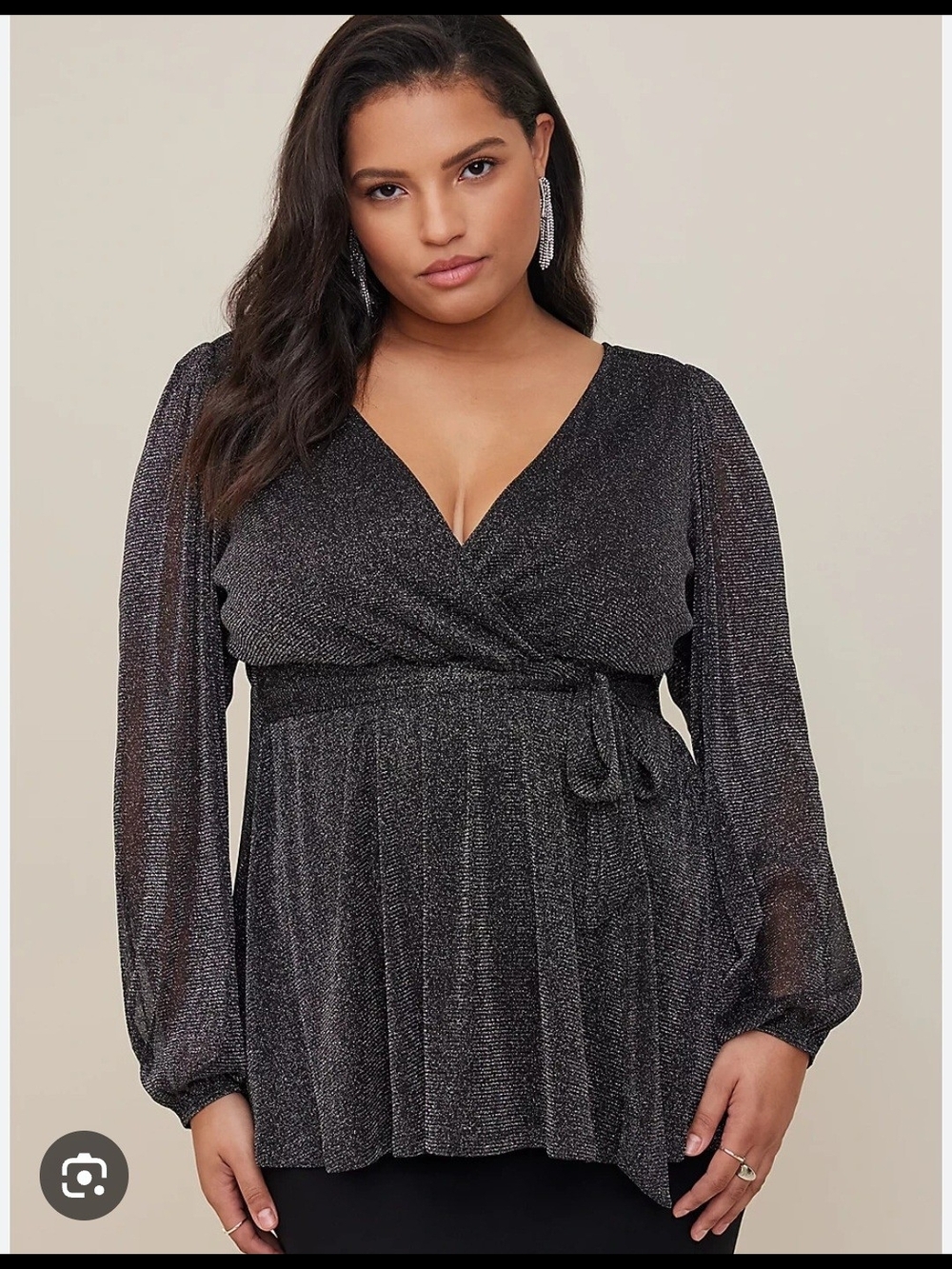 Torrid NWOT Sz 2  Black Metallic Wrap Peplum Top with Sheer Long Sleeves